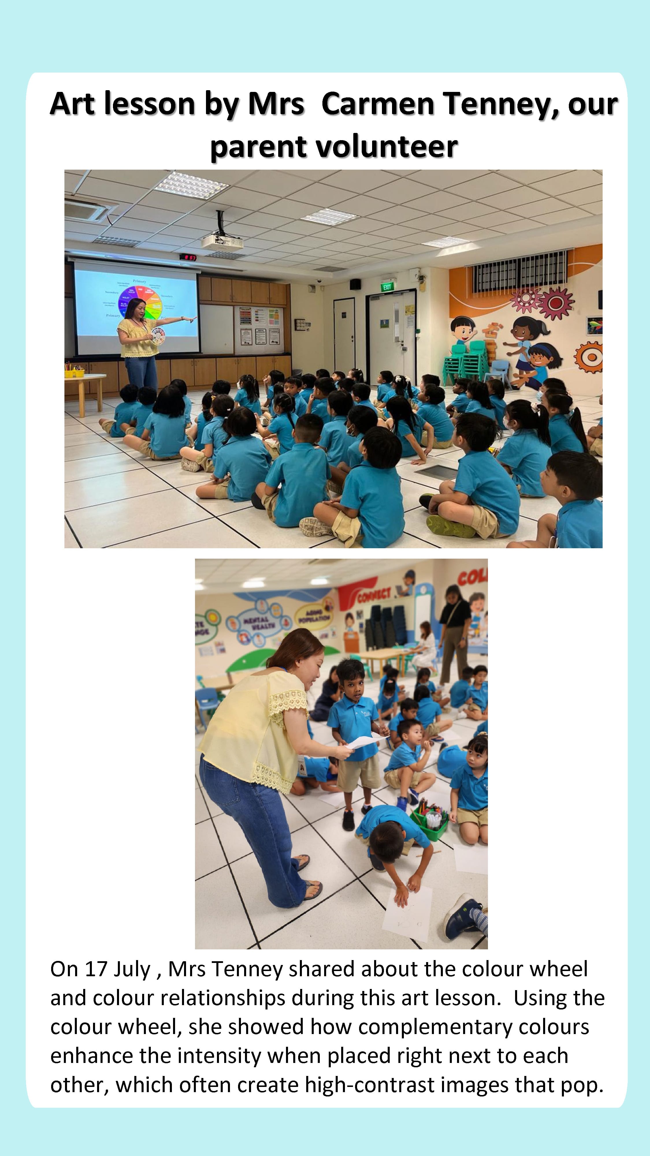 A parent volunteer teaches colour theory and perspective drawing, guiding children through creative art activities and discussions.